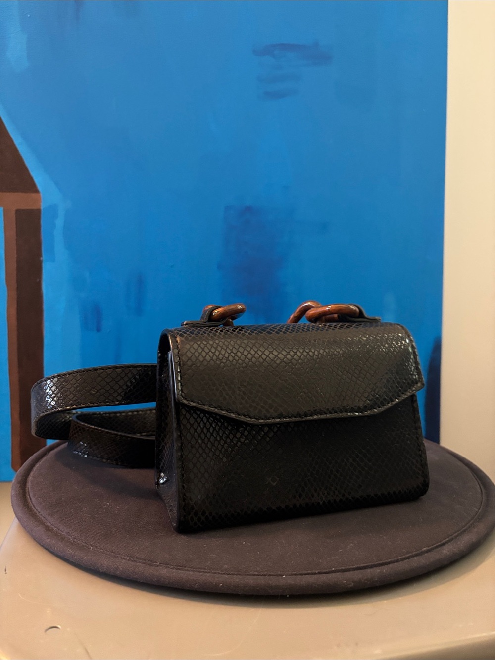 Ganni Black Textured Leather Crossbody Bag with Chain Accents